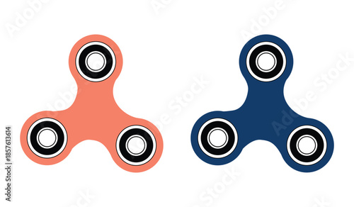 Two fidget spinner toys one salmon pink and one navy blue on transparent surface