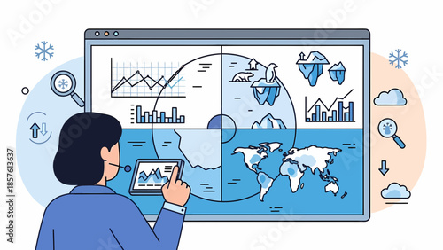 Woman Analyzing Global Data on Screen.