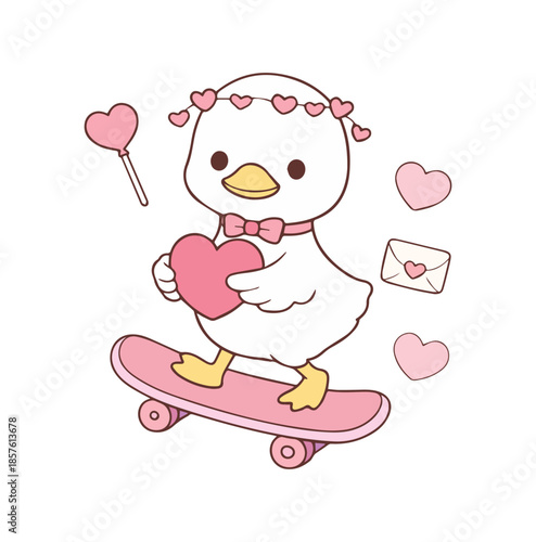 Cute Kawai Duck, Valentines Cute Cartoon Duck , Cute Baby Silly Goose Duck, Valentine Goose PNG, Little Duck Cartoon Vector, Little Baby Duck Illustration, Duck Clipart 