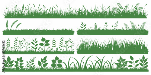 Green grass and leafy plant silhouettes for landscape design