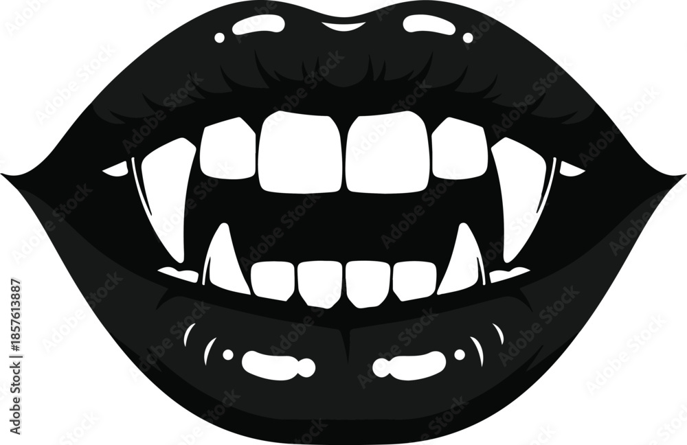 Naklejka premium Black glossy lips with sharp white vampire fangs and visible teeth, isolated on a white background with subtle highlights Keywords: lips, mouth