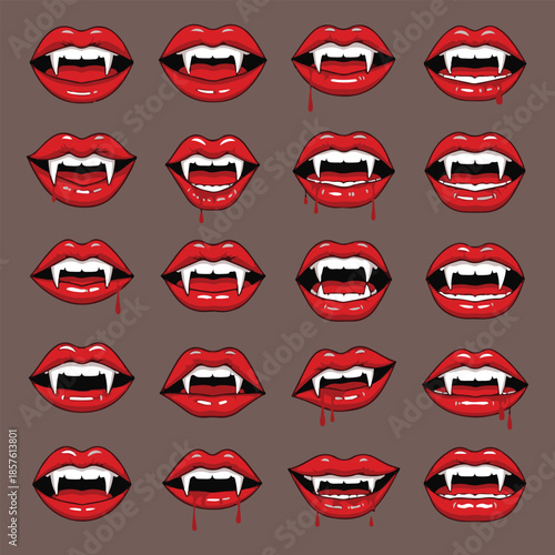 A grid of twenty red vampire lips with sharp white fangs dripping red liquid on a brown background Keywords: vampire, lips, red, dripping, fangs