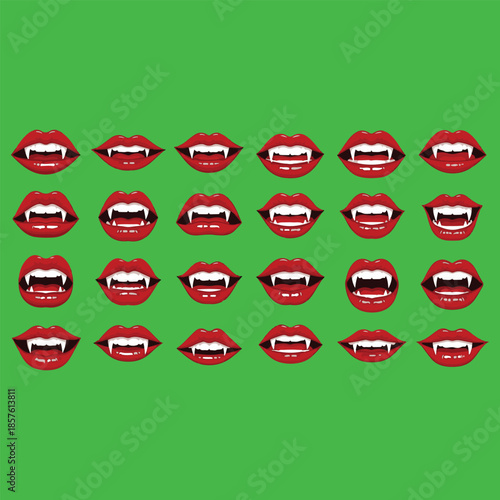 A grid of twenty-four red vampire lips with sharp fangs and white teeth displayed against a solid green background in a repeating pattern for a