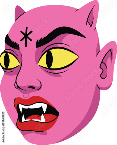 A stylized of a pink demon face with large yellow eyes, sharp fangs, red lips, and a black asterisk symbol on its forehead Keywords: demon face