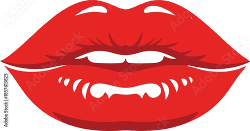 A large, detailed of red vampire lips with sharp fangs and a dark red outline against a white background, conveying a seductive and dangerous