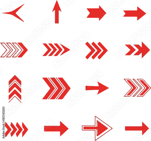 Assortment of sixteen red arrows in diverse styles and orientations on a white background Keywords: arrow, red, direction, pointer, navigation