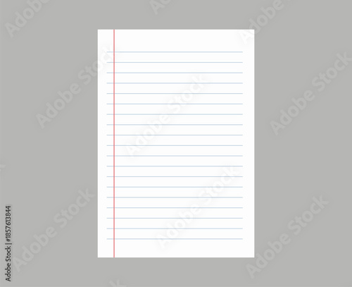 School supply lined notebook paper sheet template background with blue horizontal ruling and red margin line.