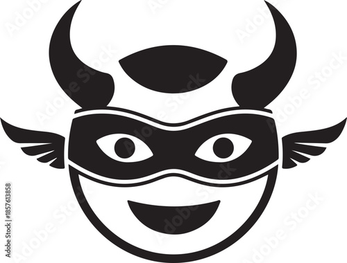 Black cartoon devil face with horns mask and small wings on white background Keywords: devil, demon, cartoon, face, mask, horns, wings, evil, imp