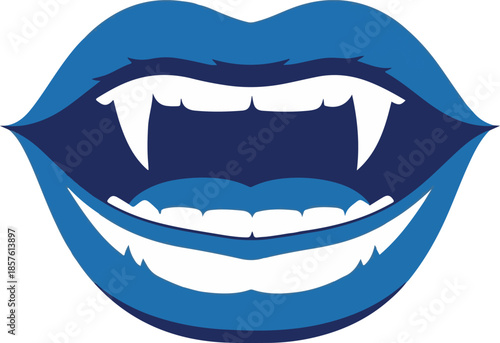 Blue vampire lips with sharp white fangs and an open mouth showing teeth and tongue on a white background Keywords: vampire lips, blue lips, fangs