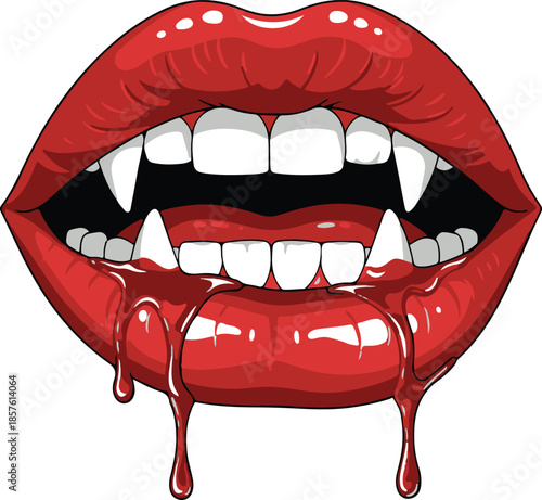 Glossy red lips with prominent vampire fangs dripping with red liquid on a white background teeth