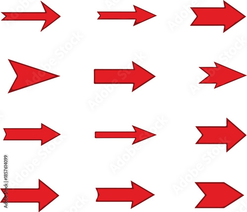 Grid of twelve red right-pointing arrows with subtle shading on a white background Keywords: arrow, red, right, direction, pointer, navigation