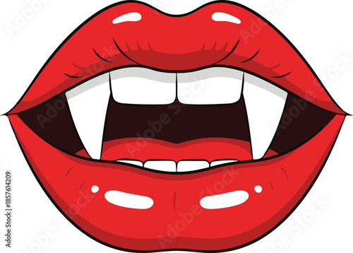Red vampire lips with sharp white fangs and an open mouth showing teeth and tongue on a white background Keywords: vampire lips, red lips, fangs