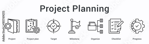 Project planning banner web icon establishes blueprint with targets and milestones using organized checklists for progress.