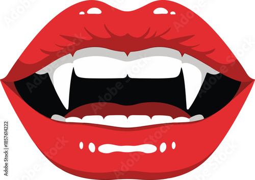 Red vampire lips with sharp white fangs and an open mouth showing teeth and tongue on a white background Keywords: vampire lips, red lips, fangs