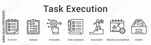 Task execution banner web icon manages lists with subtasks through actionable steps to accomplished missions and archiving.