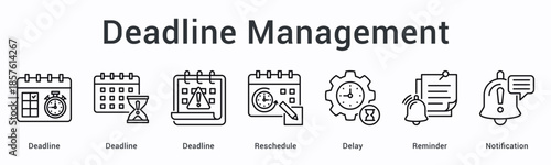 Deadline management banner web icon tracks multiple deadlines with rescheduling options addressing delays through reminders and notifications.