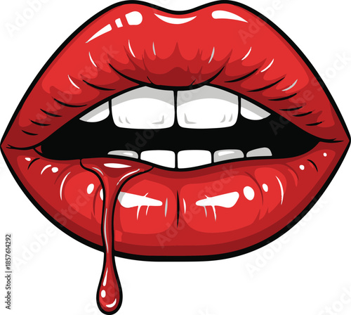 Shiny red lips with a single drop of red liquid dripping from the lower lip on a white background shiny lips