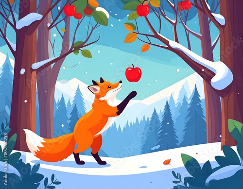 A fox reaches for a winter apple in a snowy forest