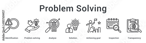 Problem solving banner web icon identifies and analyzes issues leading to solutions with goal achievement and transparency.