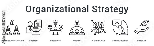 Organizational strategy banner web icon aligns business resources and relations through connectivity and sensitive communication structures.