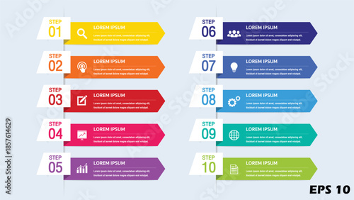 10 Step Business Infographic Timeline Template. Two Column Process Flow Chart with Icons and Numbered Banners. Professional Vector Illustration for Comprehensive Lists. EPS 10.