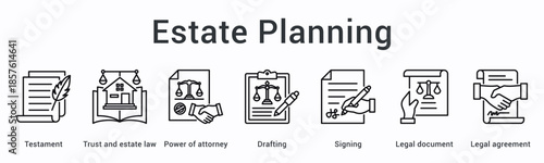 Estate planning banner web icon covers testament and trust law with power of attorney through drafting and signing.