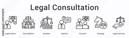 Legal consultation banner web icon provides advice through analysis and counsel opinion for strategic legal services.