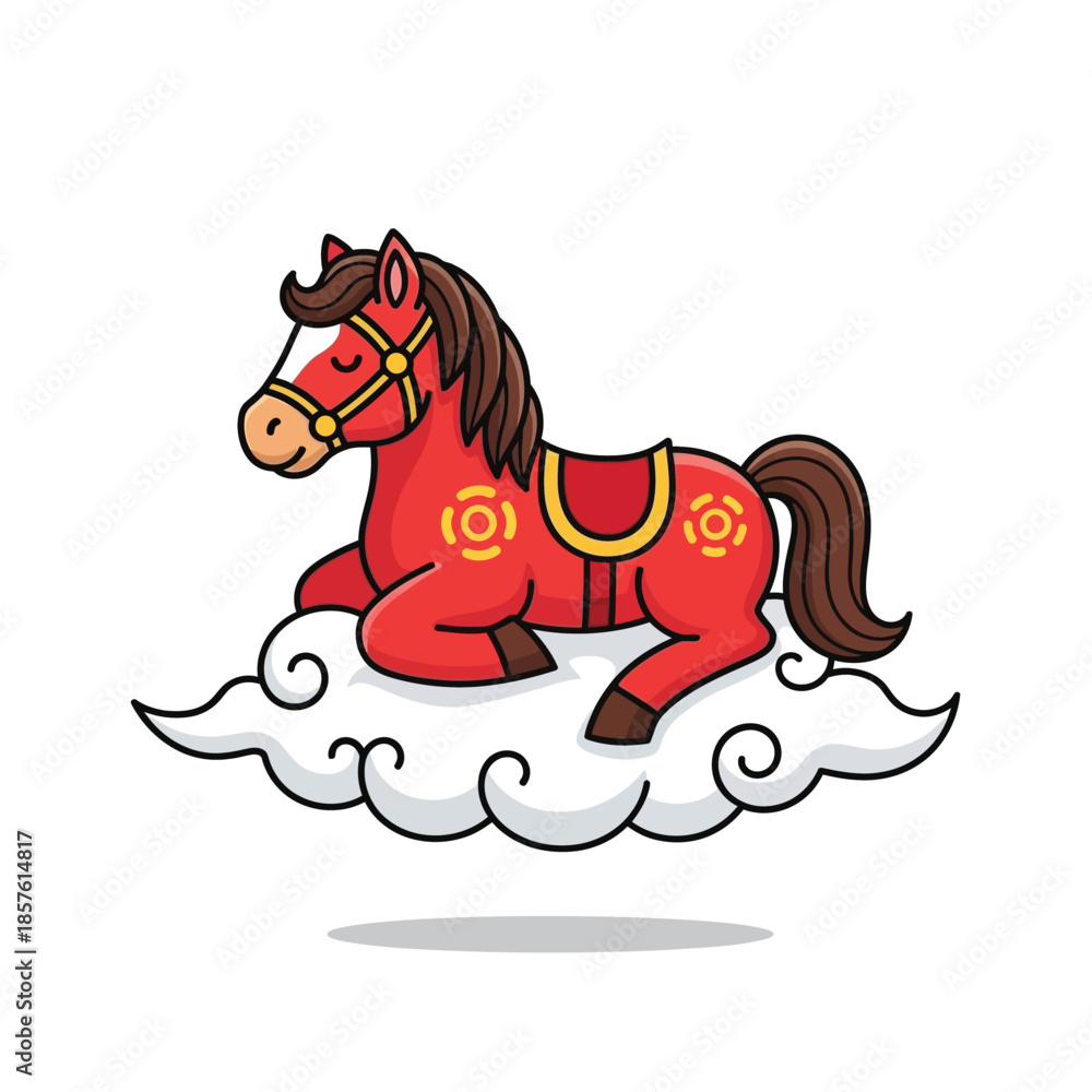 Fototapeta premium A cute illustration vector of a festive red chinese zodiac horse resting peacefully on a white cloud.