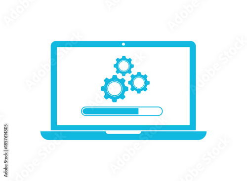 Computer showing software update or system maintenance progress bar with gears icon