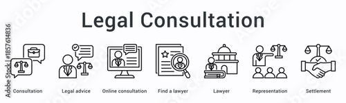 Legal consultation banner web icon provides advice through online platforms connecting clients with lawyers for representation.