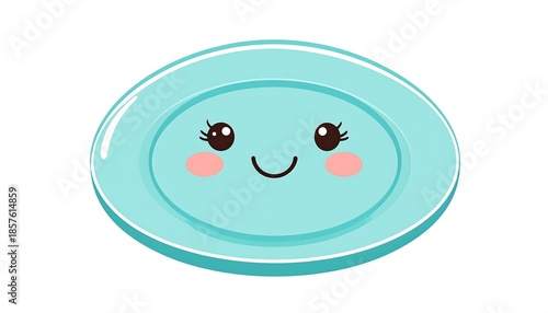A friendly oval-shaped dish, colored in a pastel blue hue, animated with a charming face. Its design is clean and cheerful