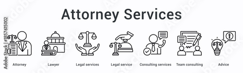 Attorney services banner web icon delivers legal assistance through consulting with team collaboration providing professional advice.