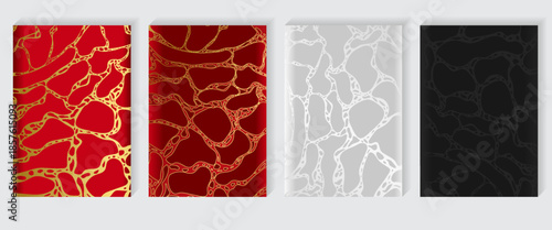 Modern elegant cover design set. Luxury fashionable background with line pattern in gold, black, red, silver color. Elite premium vector template for menu, brochure, flyer layout, presentation