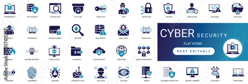 Cybersecurity solid icon set featuring data protection shield, digital privacy lock firewall, network security password, and online private access editable vector icons