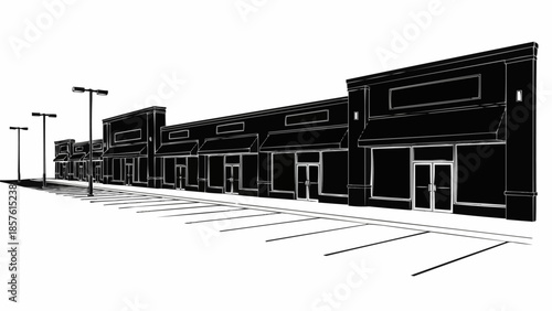 Commercial Building Facade - A Row of Retail Spaces with Parking.