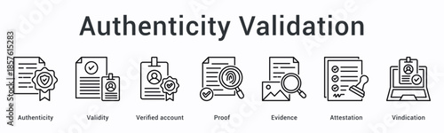 Authenticity validation banner web icon confirms validity through verified proof and evidence with attestation and vindication.