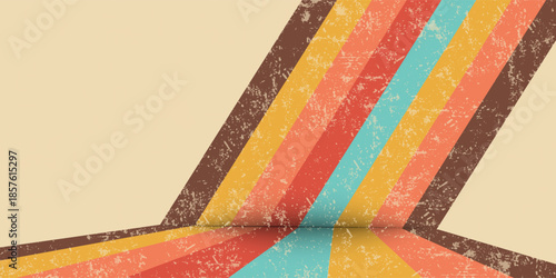 Abstract Retro 70s colorful sun with rays on vintage background. Groovy banner, poster or postcard. Vector illustration.