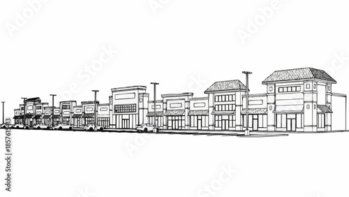 Architectural Sketch of a Commercial Strip Mall.