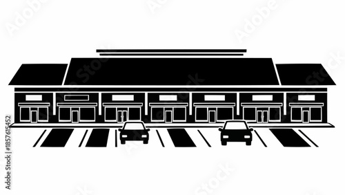 Strip Mall Silhouette with Parking and Cars.