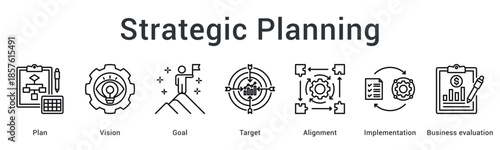 Strategic planning banner web icon outlines vision and goals with target alignment for implementation success.