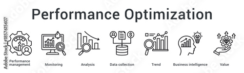 Performance optimization banner web icon tracks monitoring and analysis through data collection revealing trends and intelligence.