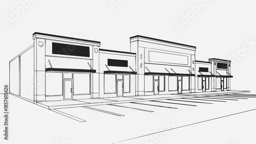 Architectural Sketch of a Commercial Strip Mall with Parking.