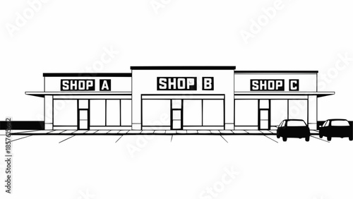 Commercial Strip Mall with Three Shops and Parking Lot.