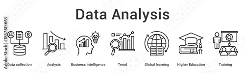 Data analysis banner web icon gathers information for business intelligence revealing trends through learning and training.