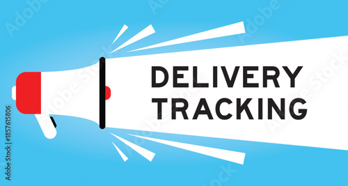 Color megaphone icon with word delivery tracking in white banner on blue background