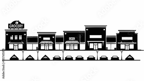 Silhouette of a shopping center with various stores and parked cars.