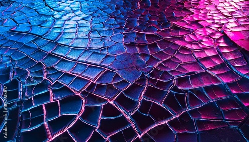 a close up view of cracked dark surface illuminated by vibrant pink and blue neon light