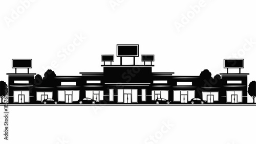 Silhouette of a Shopping Center with Billboards and Cars.