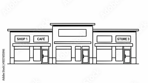 Line Art Illustration of a Commercial Building with Multiple Storefronts.