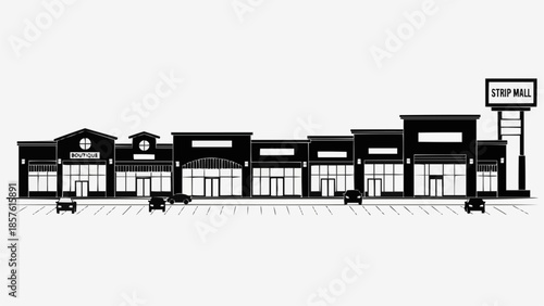 Strip Mall Facade - A Detailed Black and White Illustration.